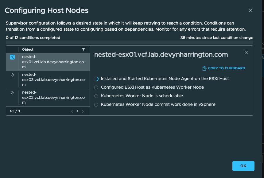 Host configuration unchanged for 38 minutes. Host-node conditions remain incomplete after the control-plane status has advanced.