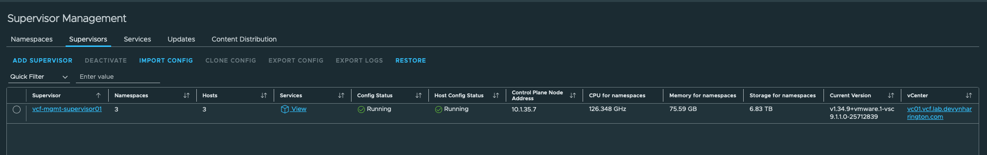 Supervisor and all host configuration running. The view shows Running for both status columns, three hosts, and API 10.1.35.7.
