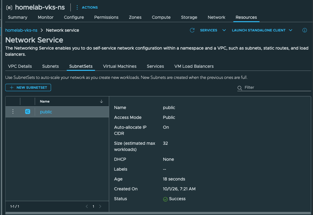 The public SubnetSet shows Success; its allocated CIDR is not displayed.