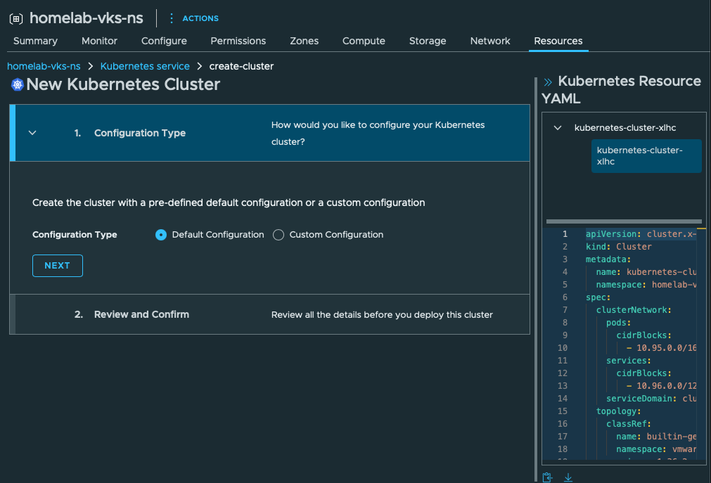 New Kubernetes Cluster wizard starts with Default Configuration selected and Custom Configuration available.