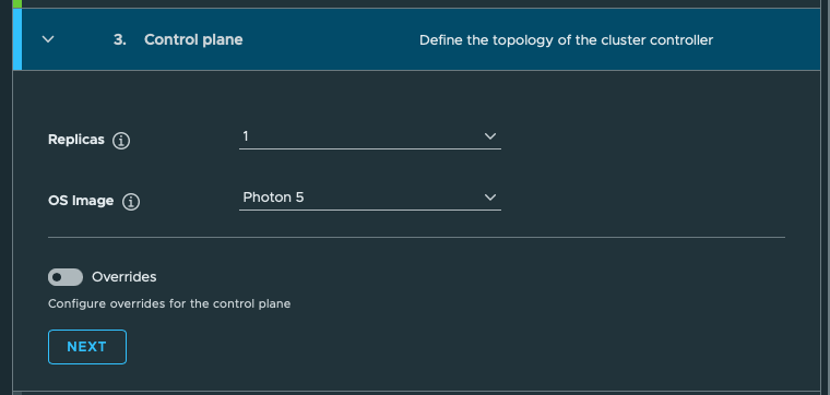 Single VKS control plane. One replica, Photon 5, and Overrides off.
