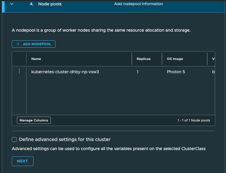 Single VKS worker pool. Generated node pool kubernetes-cluster-dhby-np-vsw3 has one replica and Photon 5; advanced settings unchecked.