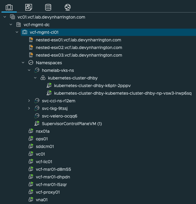 Final nested vCenter inventory. The namespace contains kubernetes-cluster-dhby and both powered-on node VMs. SupervisorControlPlaneVM, NSX, Operations, SDDC Manager, vCenter, management services, Cloud Proxy, and vna01 are visible; host warning badges remain.