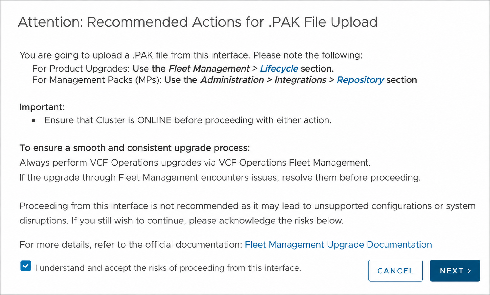 Sanitized VCF Operations warning shown before uploading the 9.1 product-upgrade PAK.