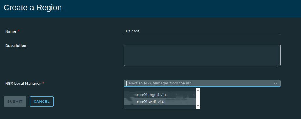 Create Region - Name and NSX Selection