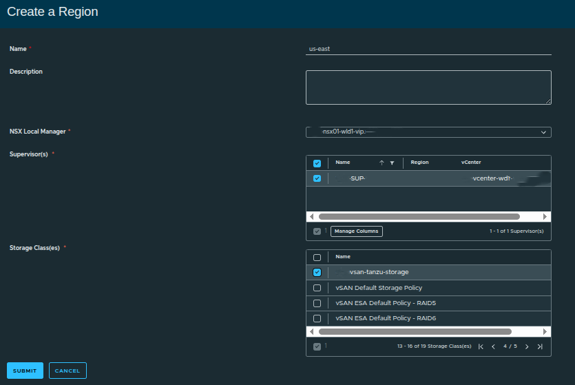 Create Region - Supervisor and Storage Classes