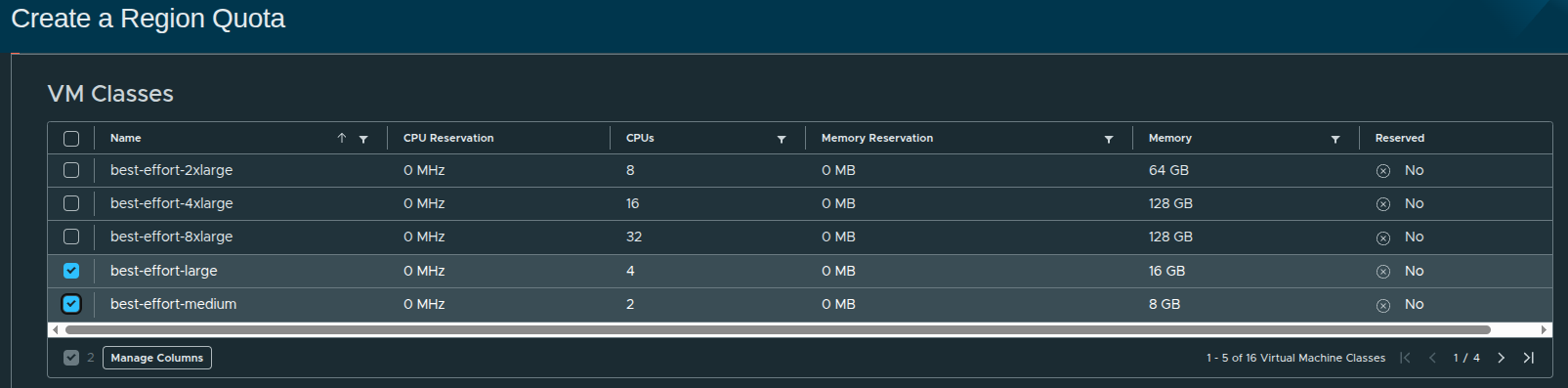 VM Classes Selection