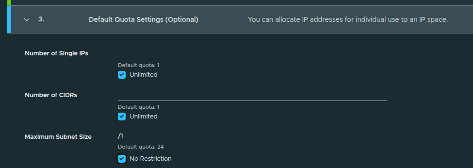 IP Space Quota Settings