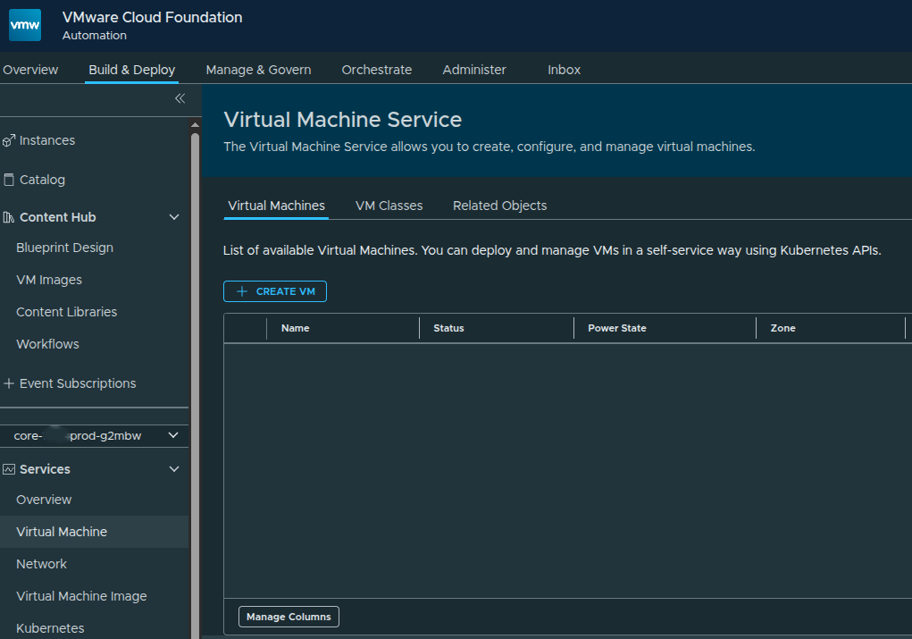 Virtual Machine Service tile in the namespace services overview.