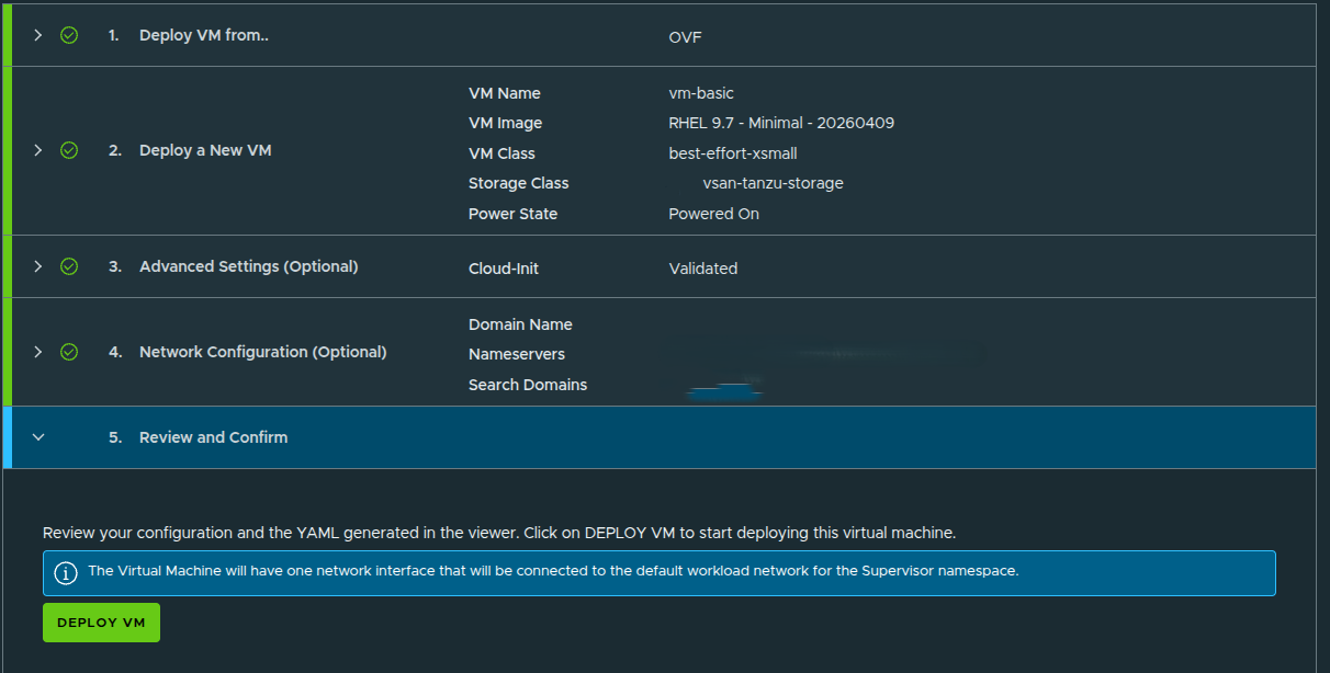 Deploy VM review screen.