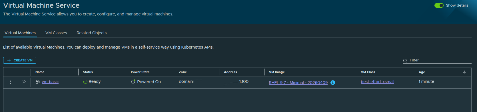 VM shown as ready in the VCF Automation VM Service.