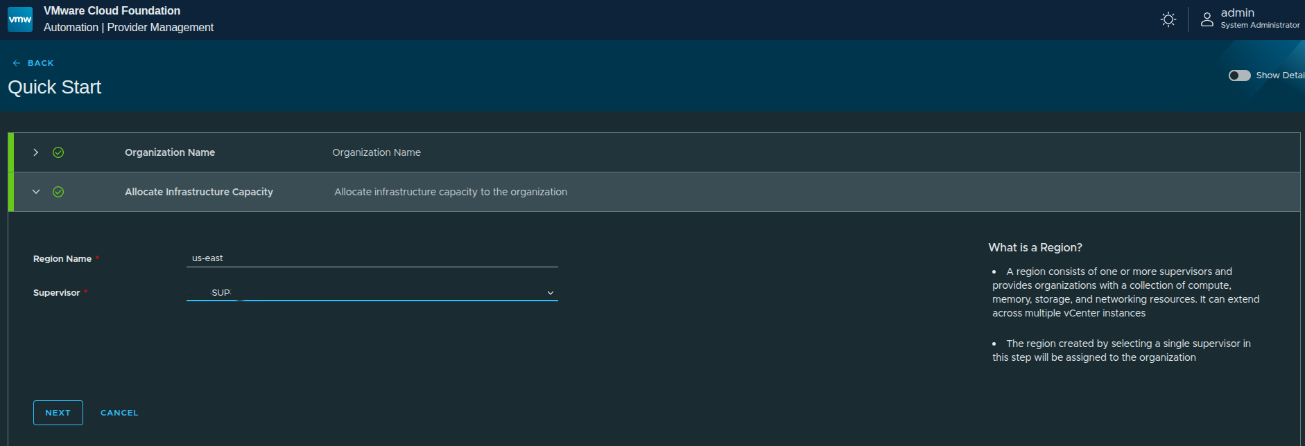 Quick Start Region Selection
